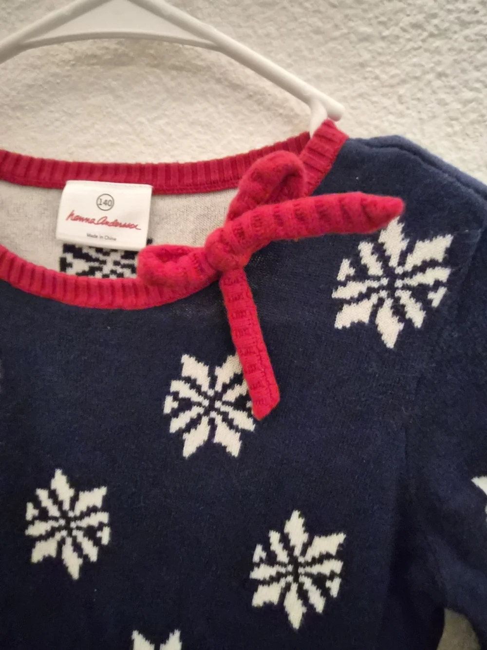 Girls' Navy Snowflake Knit Sweater Dress with Red Trim 140cm